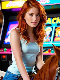A cute curious 23 year old redhead explores a vibrant 80s arcade filled with colorful video games