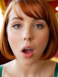 The young auburn haired woman 39 s shocked expression contrasts with her inviting curves in the circus tent