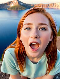 A petite 20 year old redheaded woman with innocent features gazes out at dawn 39 s glow over Crater Lake